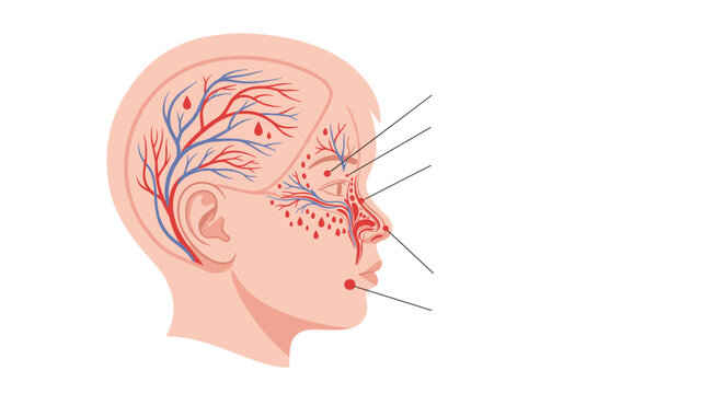 Medical illustration of human head anatomy highlighting blood vessels and nasal sinus cavities with pointers for healthcare professionals.
