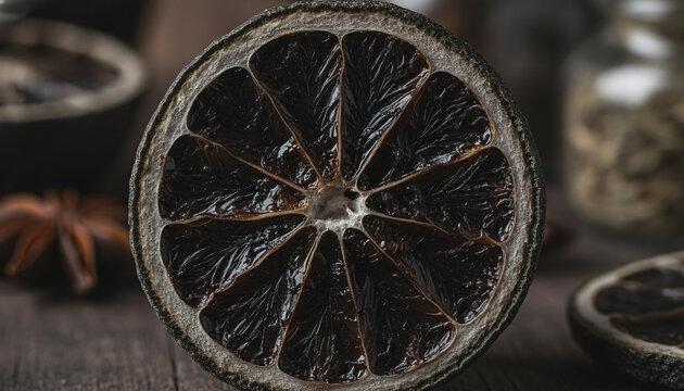 Dried Black Lime Loomi cross section macro with glossy fermented citrus flesh