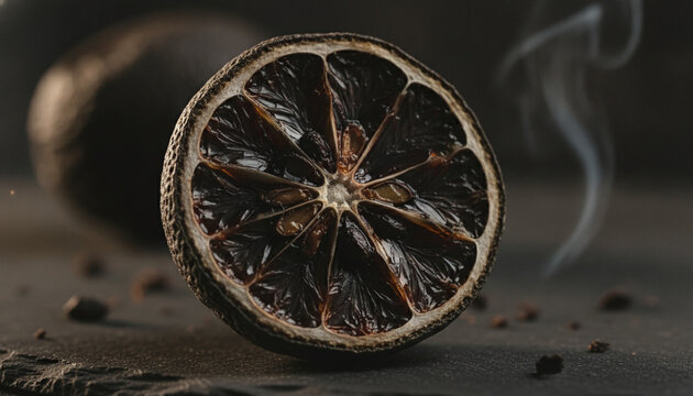 Dried Black Lime Loomi cross section macro with glossy fermented citrus flesh