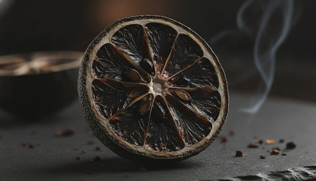 Dried Black Lime Loomi cross section macro with glossy fermented citrus flesh
