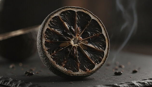 Dried Black Lime Loomi cross section macro with glossy fermented citrus flesh