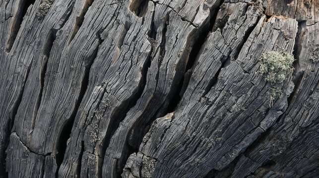 An ultra-macro, top-down texture shot of ancient, weathered driftwood. The surface is deeply grooved with twisted, silver-grey wood grain, fine cracks, and patches of dry, pale green lichen