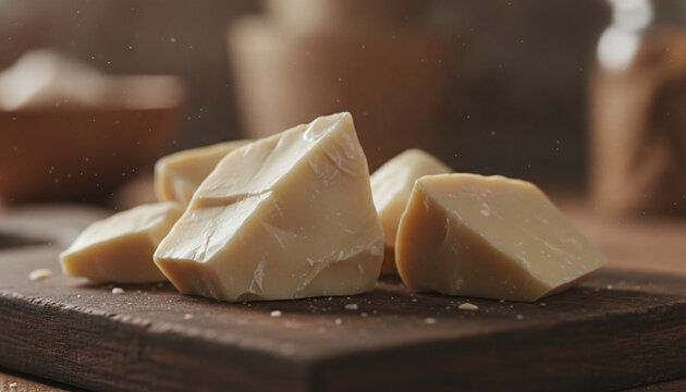Raw organic cacao butter chunks texture with pale ivory waxy surface