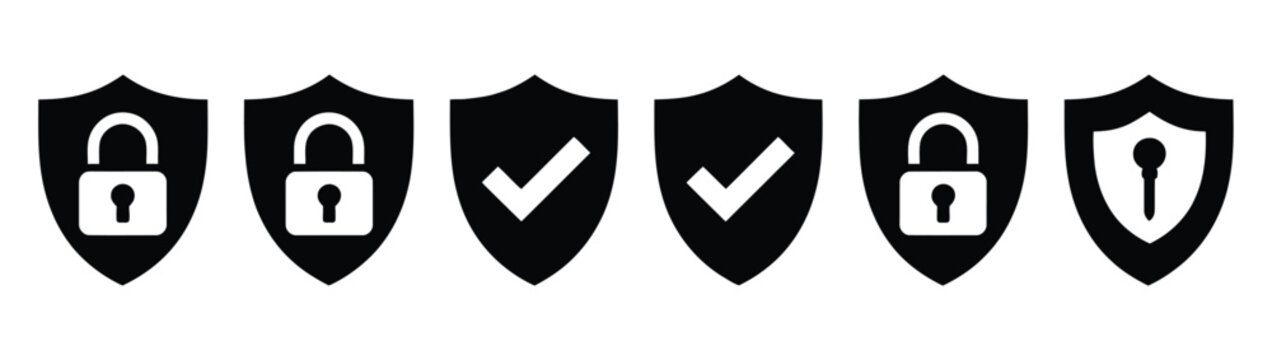 Security shield icons set, shield logotypes with check marks and padlocks for cyber security, data protection and trust vector design.