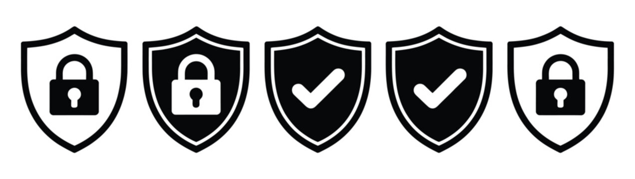 Security shield icons set, shield logotypes with check marks and padlocks for cyber security, data protection and trust vector design.