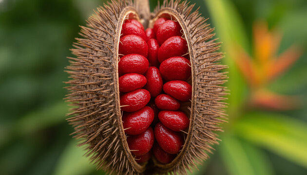 Open Annatto Achiote pod macro with sticky waxy crimson red seeds