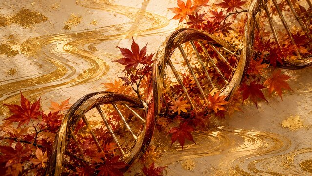 Autumn Maple Leaf DNA Helix with Golden Flowing River Patterns on Traditional Japanese Washi Background, Generative AI