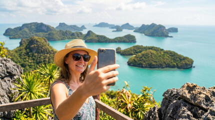 Fototapeta premium Tropical island selfie coastal viewpoint, smiling woman with hat and sunglasses, turquoise sea, limestone island, scenic travel