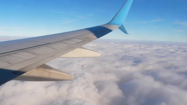 Airplane wing flying above thick white clouds under bright sunny blue sky, passenger window view, real-time steady shot