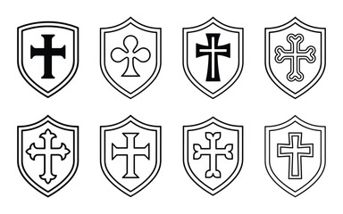 Obraz premium Medical shield icons set, shields with medical cross and abstract healthcare symbols for protection