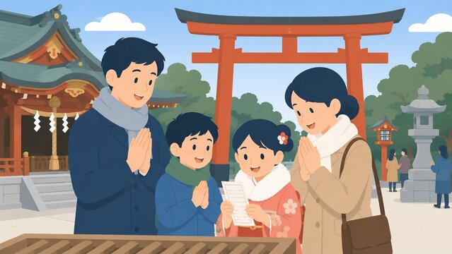 Japanese family praying together at a traditional Shinto shrine with torii gate and main hall in background
