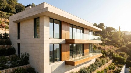 Fototapeta premium Modern Luxury Villa with Panoramic Views of Lush Green Landscape.