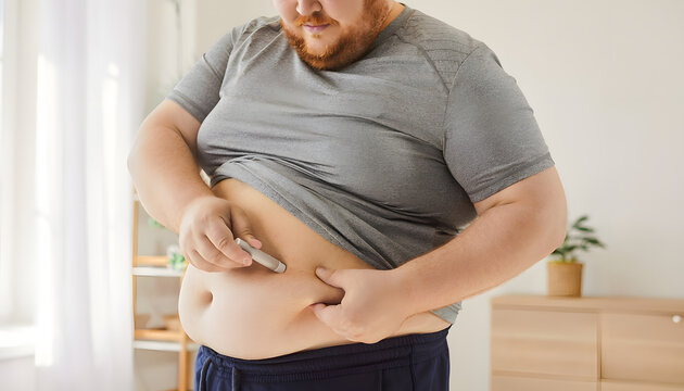 Overweight man injecting medication into his abdomen using a pen injector device at home, concept of subcutaneous injection, weight loss treatment, or diabetes management.