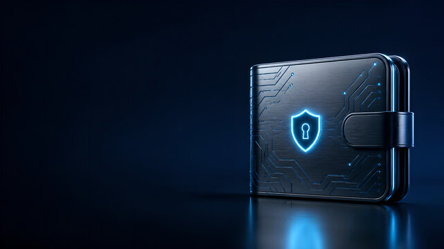 Secure digital crypto wallet concept with glowing blue shield on dark background with copy space