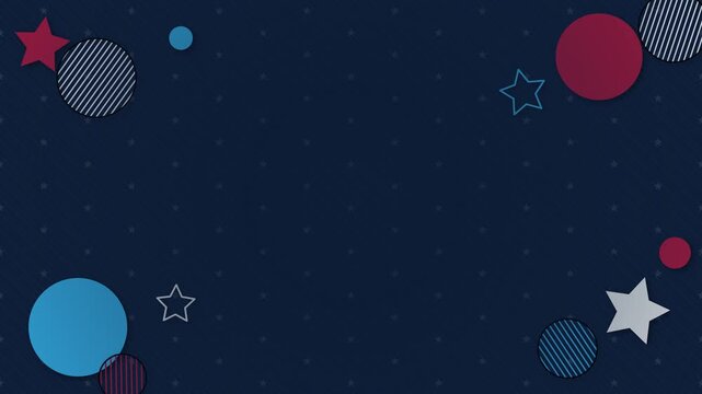 Patriotic USA background animation featuring red, white, and blue geometric circles and stars over a dark blue starry pattern backdrop, ideal for American holiday presentation copy space