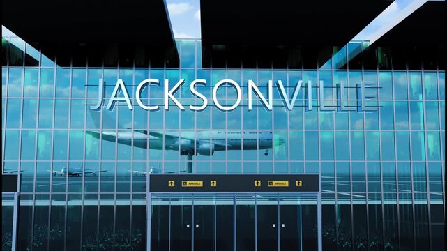 Airlane landing at Jacksonville, USA. Arrival in the city with reflection of airport and aircraft