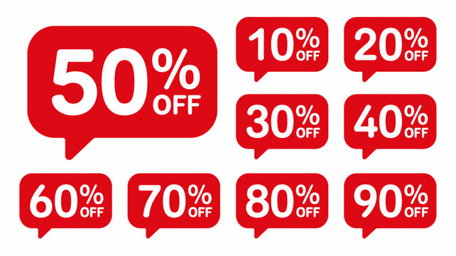 Colorful percentage discount sale badges with bold numbers and red outlines