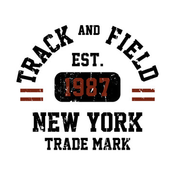 Vintage New York track and field typography design. Distressed varsity style graphic featuring 1987 est date. Perfect for retro t-shirt prints, athletic apparel, and streetwear posters