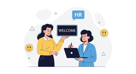 Fototapeta premium HR professional welcomes new employee with 'Welcome' sign and laptop, illustrating onboarding and human resources concept.