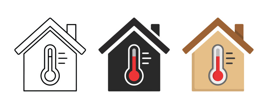 Smart home temperature icons set, thermostat and climate control symbols in stroke filled and colored styles for smart living technology vector illustration.
