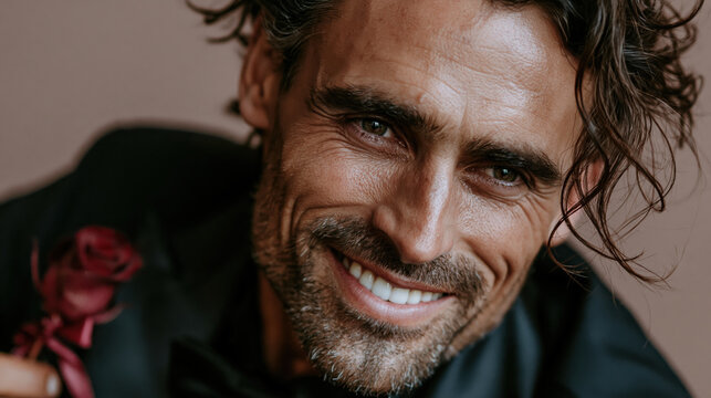 Mature man handsome smile closeup portrait happy curly hair beard groom suit Mature man handsome smile closeup portrait happy curly hair beard groom suit joyful confidence warm expression wedding