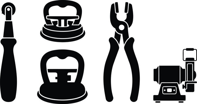 Set of various industrial and construction tools icons including a tracing wheel, suction lifters, pincers and a bench grinder