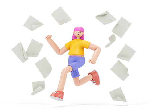 woman running amidst flying papers