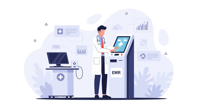 Doctor using EMR system kiosk in modern clinic with digital health records and analytics