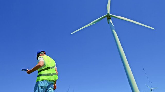 A windmill engineer stands next to a large wind turbine. He uses a device to check the equipment. The sky is blue and clear. It is daytime at the wind energy site.