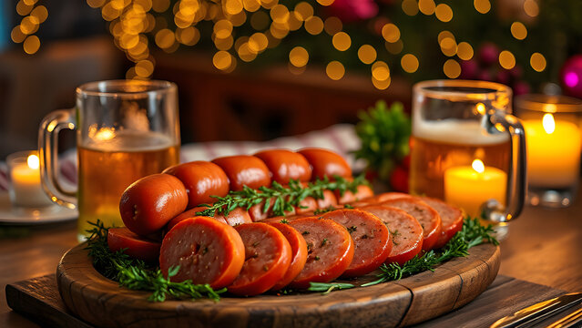 Hearty sausage platter, steins, flickering candle ambiance, Professional Stock Photo, High Resolution Background