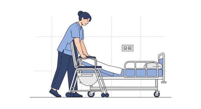 Nurse assisting patient with portable commode chair next to hospital bed in clean, modern medical room.
