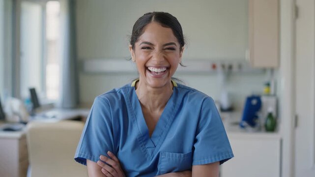 Nurse, healthcare and laughing in hospital with scrubs, medical professional and clinic staff. Young woman, doctor and smiling in room with medicine, health worker and joyful expression for wellness.