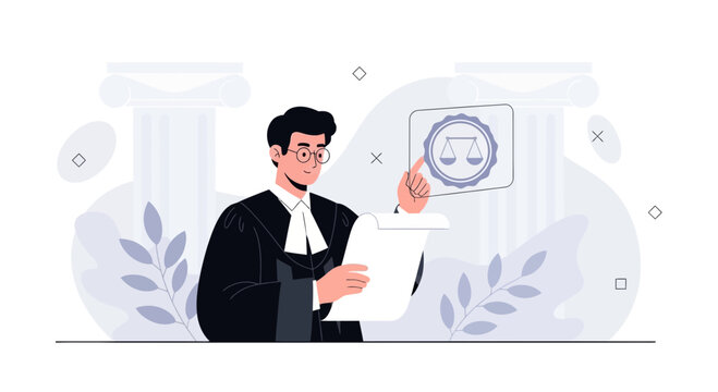 Lawyer in robes holding scroll, pointing at scales of justice icon, representing law, justice, and legal profession