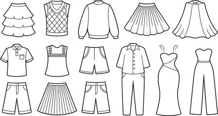 Naklejka premium Collection of hand drawn fashion clothing icons vector line art illustrations isolated on white background