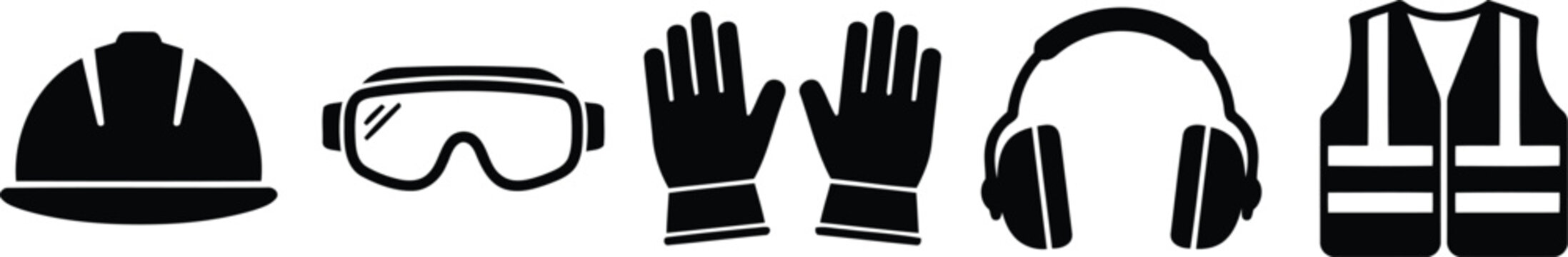 Set of personal protective equipment icons, including hard hat, safety goggles, gloves, earmuffs, and high visibility vest