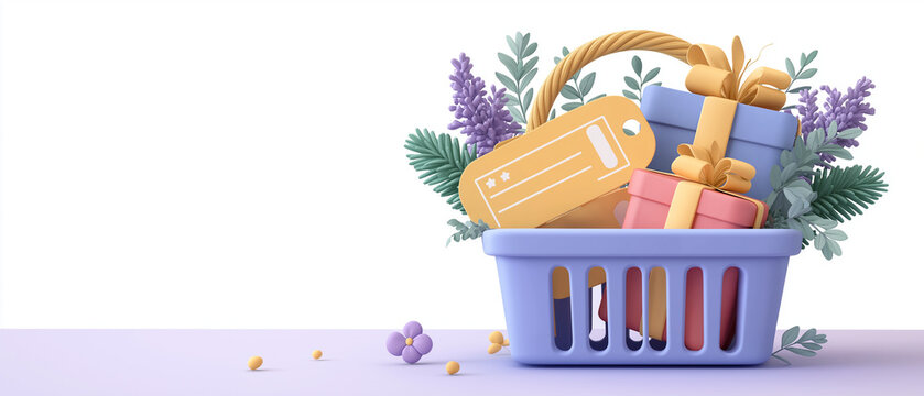 Shopping Basket of Gifts: A charming illustration depicts a woven basket filled with beautifully wrapped presents, a gift tag, and delicate sprigs of lavender.