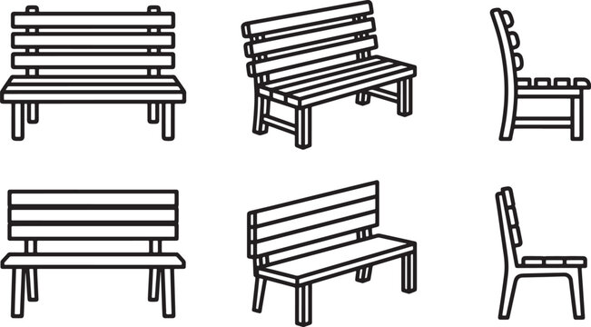 Park bench icons set in different angles and perspectives for urban furniture design projects as simple black line art