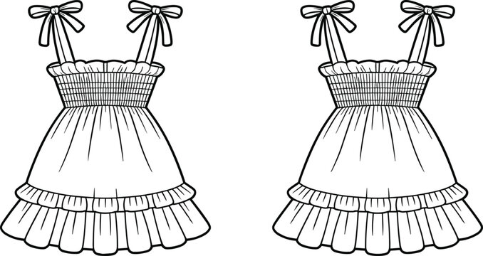 Fashion technical sketch of a girls ruffled summer dress with smocked bodice and tie up shoulder straps