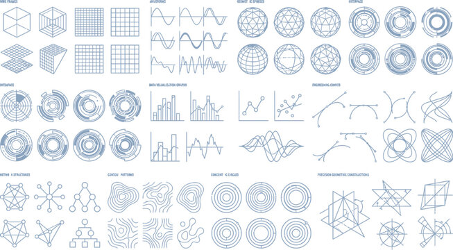 Geometric technical patterns and abstract circular structures represent advanced engineering and scientific schematic designs.