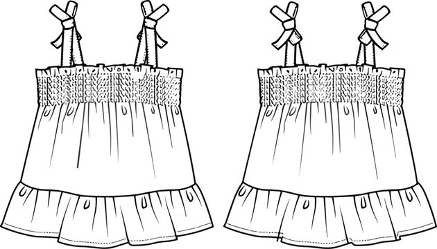 Fashion technical sketch of a girls smocked camisole top with tie straps and a ruffled hemline vector illustration