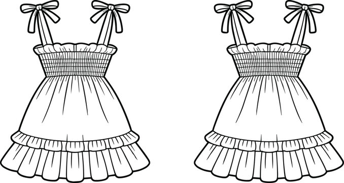 Fashion technical sketch of a girls ruffled sundress with smocked bodice and tie-up shoulder straps in image_de0f66.jpg