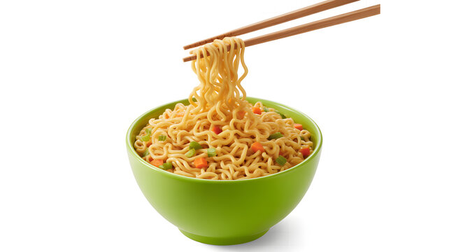 Close-up of steaming hot instant ramen noodles being lifted with wooden chopsticks from a vibrant green bowl, filled with colorful diced carrots and green onions, isolated on a clean white