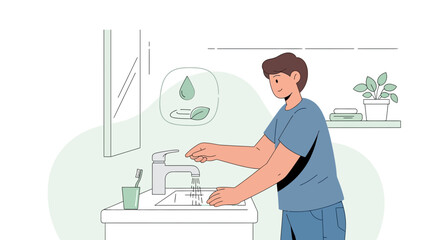 Obraz premium Man washing hands, conserving water, eco-friendly hygiene, sustainable living concept