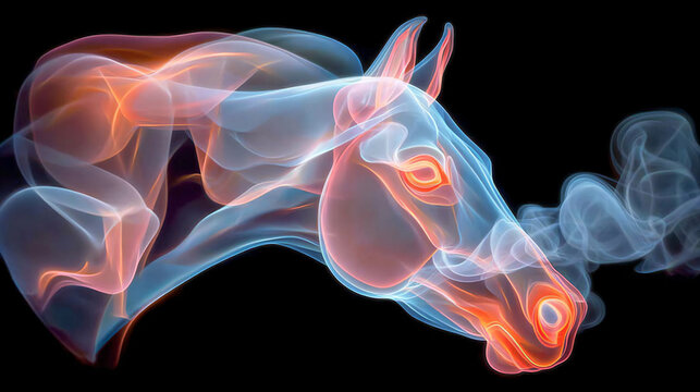 Abstract horse head sculpture 3D model. Concept featuring horse, majestic horse head made of smoke.