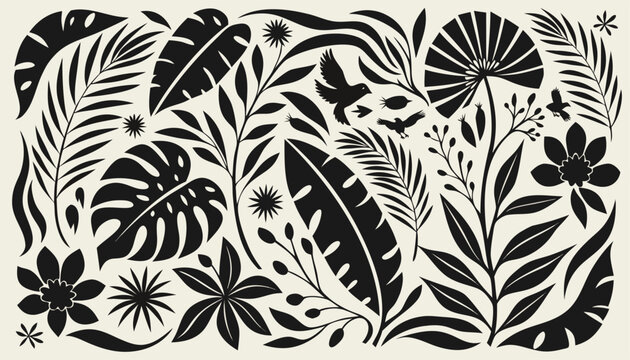 A vibrant arrangement of plants, leaves, flowers, foliage, and silhouettes.