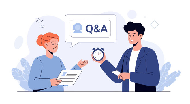 Q&A Session: People discussing questions and answers, one person holding an alarm clock representing time management.