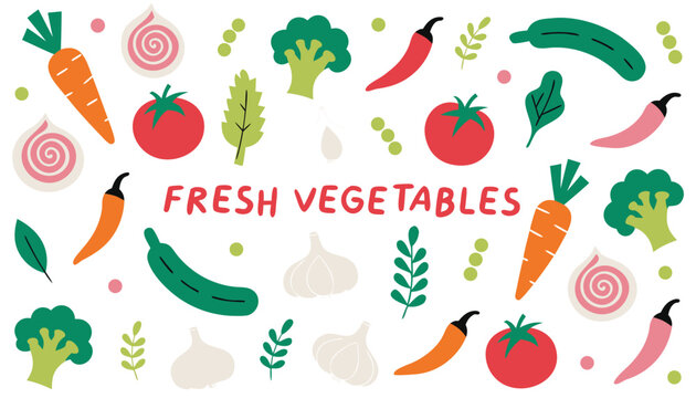 Colorful illustration of fresh vegetables on display in a market