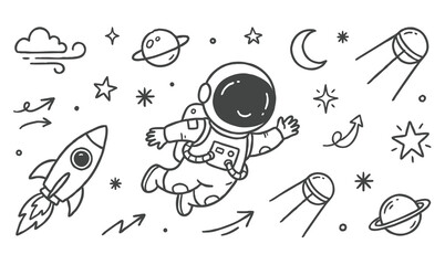 Vector line art doodle of astronaut in outer space with planets and rockets © Avartde