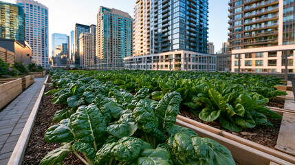Fototapeta premium Sustainable Urban Gardening: Spinach Plants Flourishing in Rooftop Gardens Against City Skylines