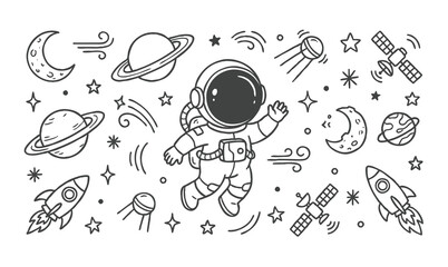 Vector line art doodle of astronaut in outer space with planets and rockets © Avartde